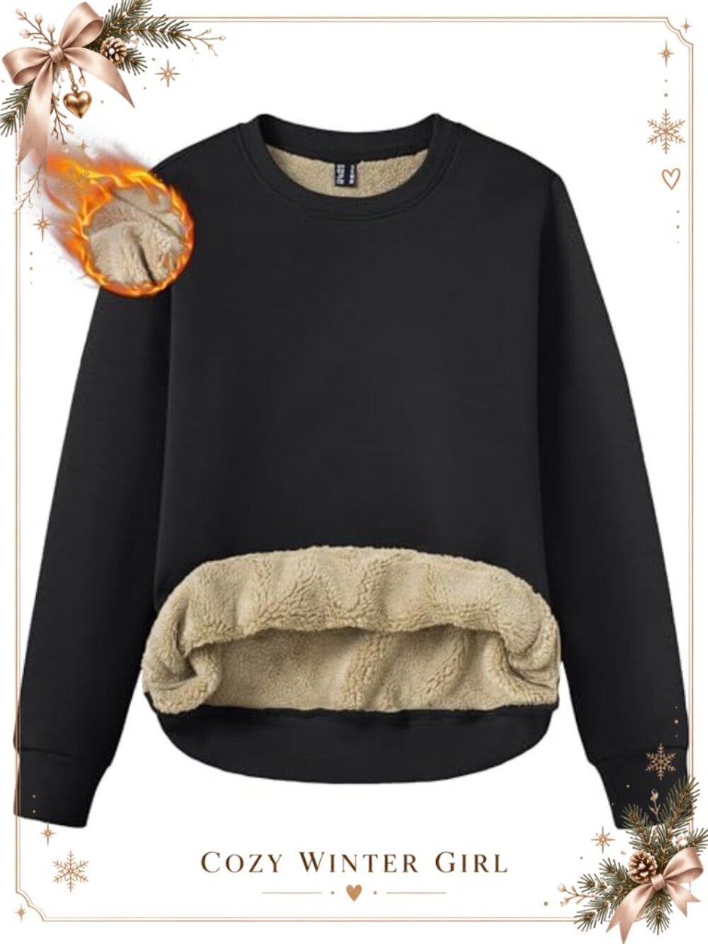 Sherpa Lined Fleece Sweatshirt Crewneck Thermal Pullover Cotton Blend Women